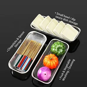 Rectangular stainless steel mesh basket for kitchen utensil storage and fruit draining