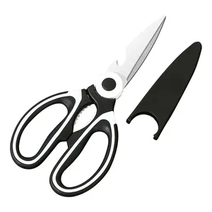 Multi-purpose stainless steel kitchen scissors with protective sheath and non-slip handle
