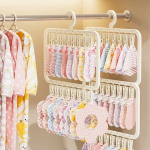 Multi-Clip Baby Clothes Hanger Plastic Sock Drying Rack Space Saving Stackable Closet Storage Organizer For Baby Socks Bibs Handkerchiefs Cream White