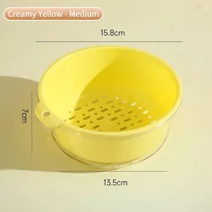 Double-layer creamy yellow medium drain basket for kitchen vegetable and fruit washing