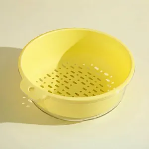Creamy yellow double-layer kitchen drain basket and vegetable washing bowl with dimensions