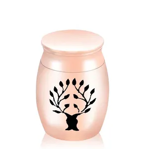 Mini rose gold stainless steel pet cremation urn with black tree of life pattern design