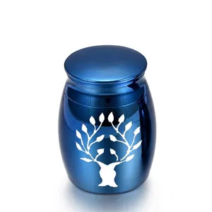 Small blue stainless steel pet cremation urn with tree of life pattern for ashes
