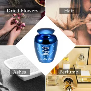 Blue stainless steel keepsake urn with Riding in Heaven engraving for human or pet ashes