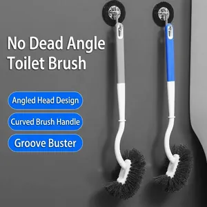 Wall-mounted toilet brush with curved long handle and soft bristles for deep cleaning