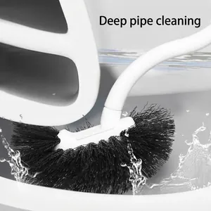 Durable white long handle toilet brush with wavy black bristles for deep bathroom cleaning.