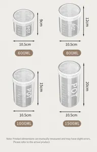 Dimensiones y capacidades detalladas de tarros de plástico transparente 600ml a 1500ml