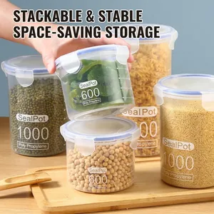 Stackable airtight plastic food storage containers and jars for kitchen organization