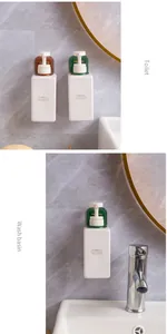 Wall-mounted shampoo dispenser rack shown in bathroom and washbasin environment