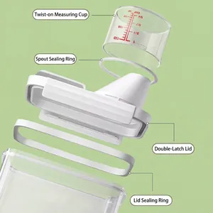 Clear laundry powder storage container with graduated measuring cup and airtight seal