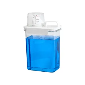 Clear airtight laundry detergent storage container with measuring cup lid and handle.