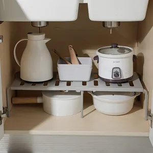 Expandable under-sink organizer shelf for kitchen cabinets and various types of cookware