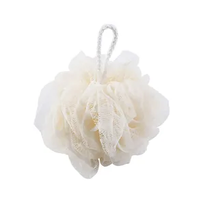 Large soft cream mesh bath sponge loofah for body cleaning and gentle exfoliating.