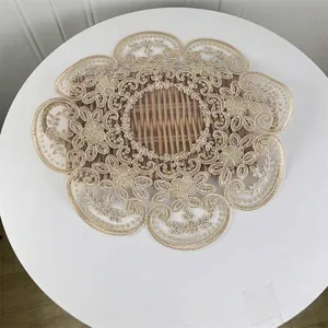 Round Embroidered Lace Placemat Vintage Floral Cord Embroidery Table Mat Dust-proof Cover Cloth For Dining Table Decor