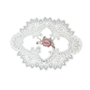 Decorative white hollow diamond lace embroidered patch with pink rose for DIY sewing crafts