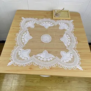 Exquisite vintage white lace mesh table mat featuring floral embroidery and openwork