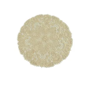 Elegant round beige lace placemat with vintage floral embroidery and hollow lace design