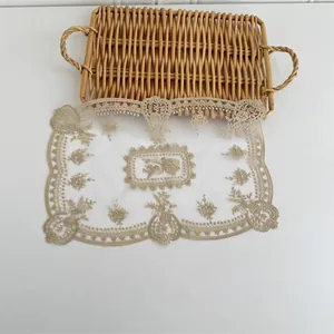 Detailansicht eines Vintage-Spitzenuntersetzers mit eleganter Blumenstickerei auf Netz.