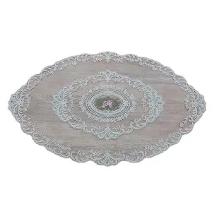 Vintage French style oval lace tablecloth with elegant floral embroidery and hollow trim