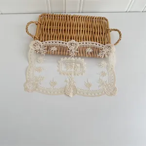 Detaillierte Nahaufnahme eines Spitzendeckchens mit elegantem Blumenstickmuster.