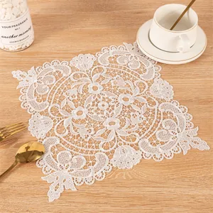 White square embroidered lace table mat for home decor and dining table