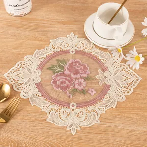 New Chinese Style Hollow Rose Embroidery Lace Coaster Heat Insulated Non-slip Placemat Floral Mat For Dining Table Home Decoration Props