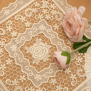 Square beige lace embroidered placemat with elegant rose floral pattern for home decor
