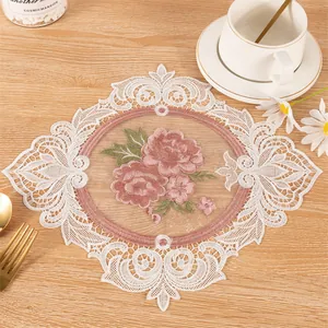 Vintage white lace coaster with elegant pink rose embroidery for home decor use