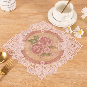 Vintage pink rose embroidered lace placemat for home heat insulation and table decoration