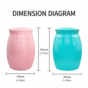 Detailed dimension diagram of small aluminum pet memorial urns in pink and teal