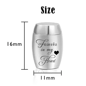 Close-up showing the 16mm height and 11mm width of a silver miniature memorial urn
