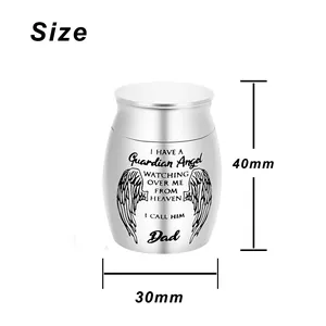 Silver memorial cremation urn for ashes with guardian angel wings engraving and dimensions.