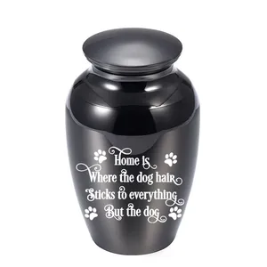 A detailed view of a small black pet memorial urn with dog hair quote for ashes