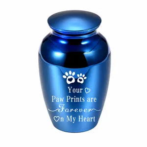 Elegant blue pet cremation urn for ashes with paw print engraving and memorial text