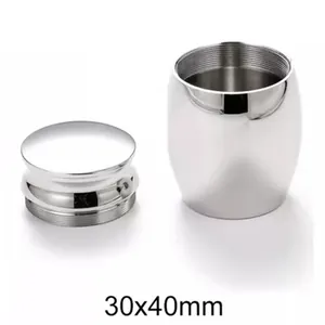 Polished stainless steel memorial cremation urn shown with detached lid, size 30x40mm.