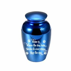 Detailed macro view of blue metallic pet cremation urn with engraved dog hair quote