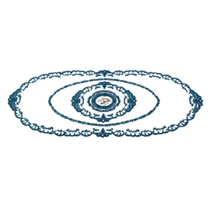 Eleganter ovaler Spitzen-Tischläufer mit blauer Stickerei und floralem Mittelmuster