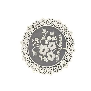 Elegant round white mesh embroidered floral coaster with decorative lace border decoration