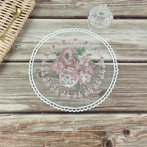 Mantel individual de encaje francés vintage con bordado floral y bordes festoneados