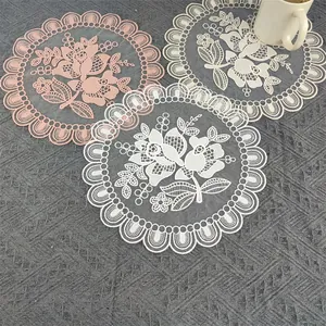 Elegant round lace coasters with floral embroidery detail for vintage table decor