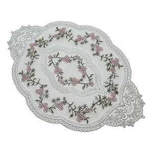 Elegant Korean style oval lace placemat with pink floral embroidery on delicate white mesh