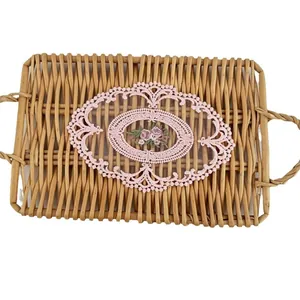 Rectangular wicker mat with elegant pink embroidered floral lace coaster 14x20cm