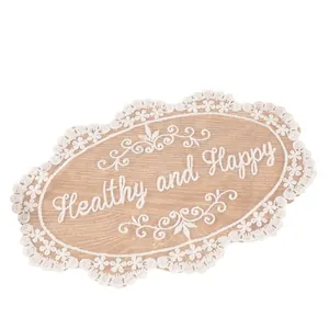 Elegant oval burlap coaster with white lace edge and 'Healthy and Happy' embroidery