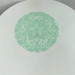Close-up macro detail showing intricate mint green lace embroidery pattern of placemat.