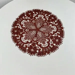 Vintage Round Polyester Embroidered Hollow Out Placemat Maple Leaf Floral Table Mat For Dining Room Bedroom Bedside Lamp Vase Decoration