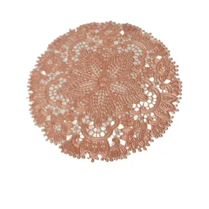 Elegant brown round lace embroidered placemat for antique vase or bedside table lamp
