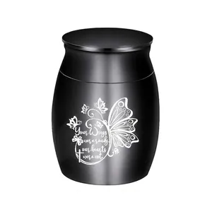 Black memorial cremation urn with engraved butterfly and heart quote for pets and humans