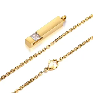 Elegant gold stainless steel bar cremation necklace with a square crystal inlay pendant