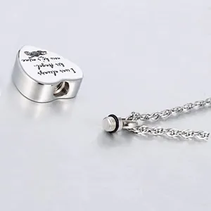 Heart-shaped stainless steel cremation urn necklace with angel message engraving for pet ashes