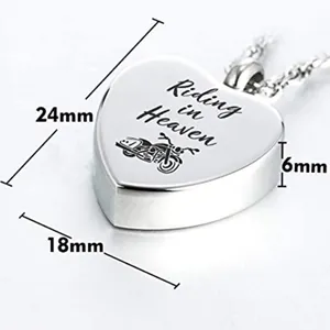 Heart-shaped stainless steel cremation urn necklace with Riding in Heaven engraving